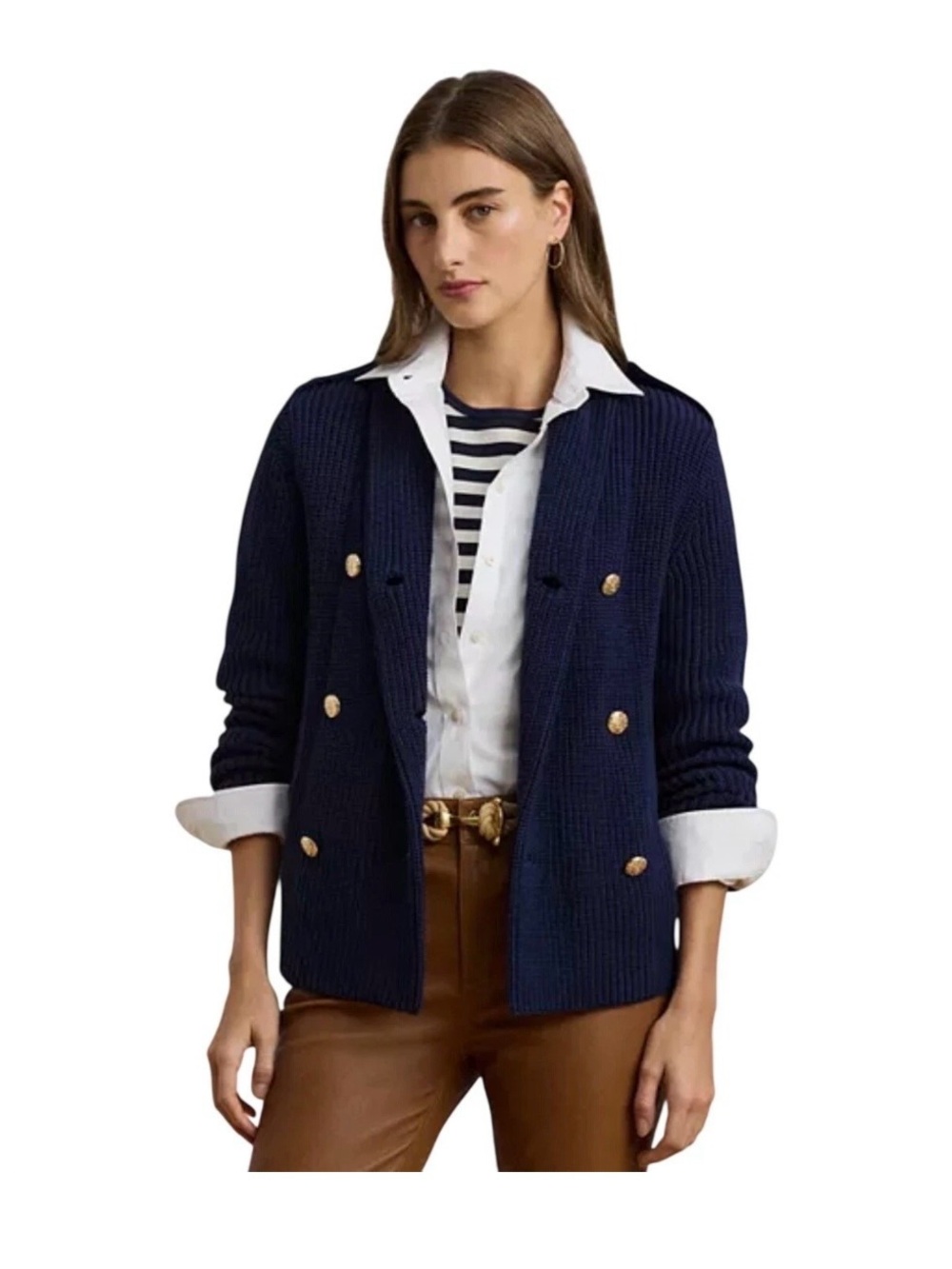 Ralph Lauren Petite Navy Ribbed Knit Cardigan with gold buttons. Size M. EUC.